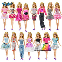 9 Item/Set Doll Accessories=3 Pcs Doll Clothes Dress+ 3 Plastic Necklace + Random 3 Pairs Shoes for Barbie doll Girl Gift  Toy